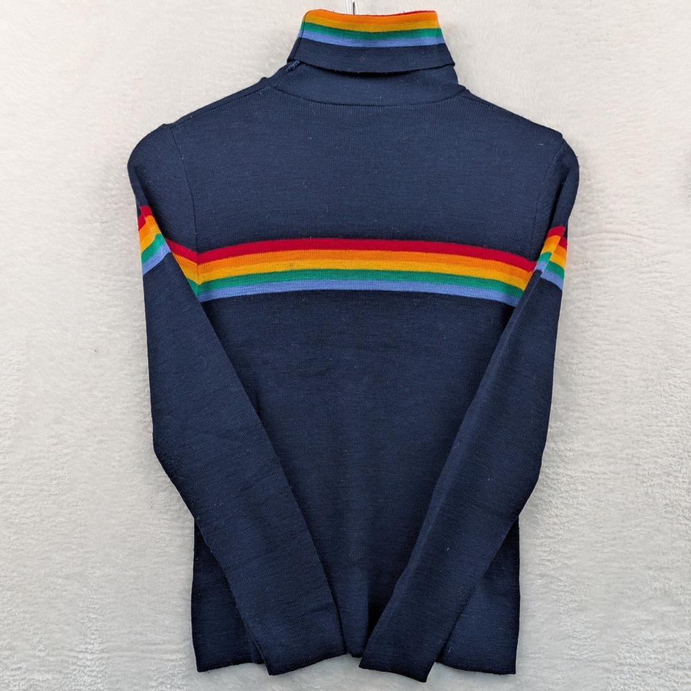 VTG Lido of California Sweater Women's M Navy Blue Rainbow Stripe Retro Slim 70s